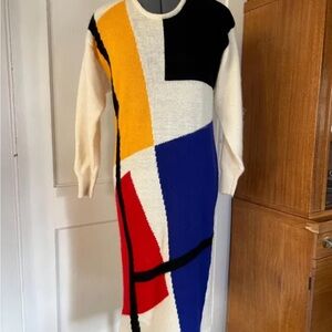 Black and White Long Sleeve Wool and Mohair Sweater Dress